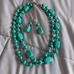 Turquoise double strand necklace and earrings